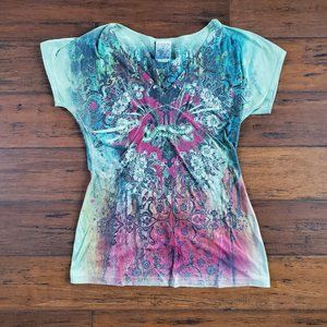 Short Sleeve Colorful Floral Design V Neck Shirt
